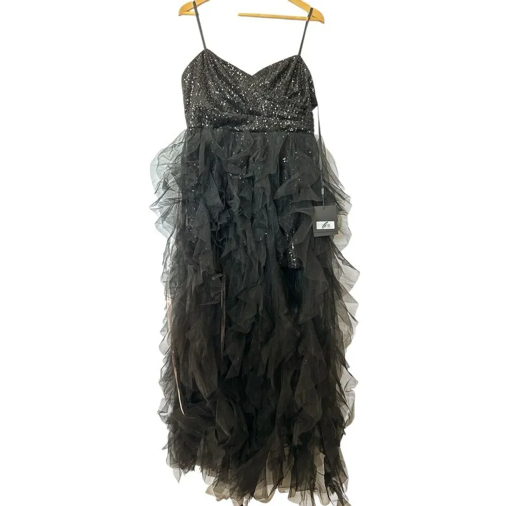 IEENA FOR MAC DUGGAL Sequin Mini with High Low Ruffle Tiered Train #27119‎ Sz 12